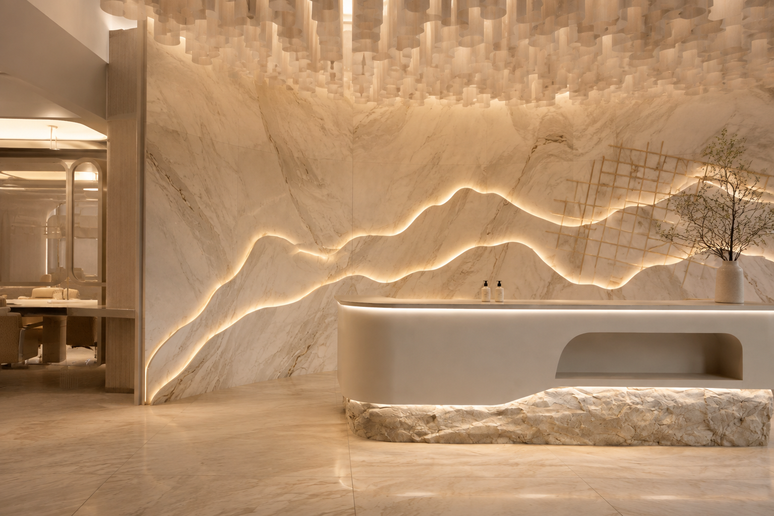The luminous stone reception designed for Balmière in Sector 104, Noida